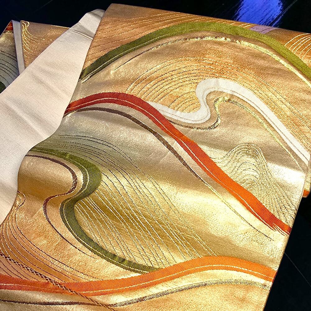 VTG Japanese Fukuro Obi Gold Metallic Brocade Silk 162" Kimono Sash Wall Hanging - Picture 12 of 13
